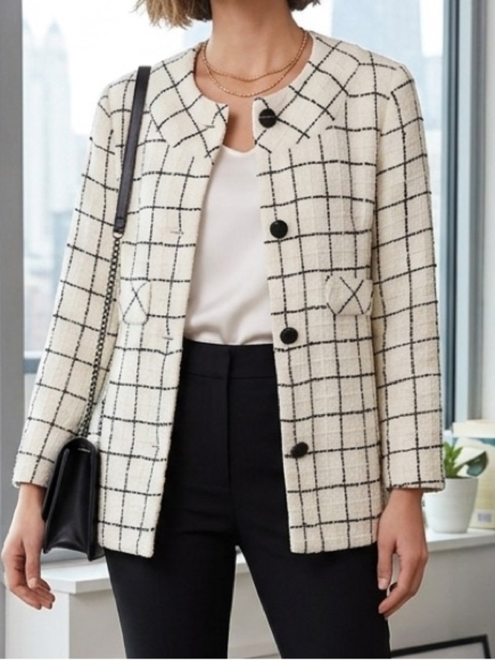 Vintage 60s 70s Queens-Way Tweed Plaid Blazer Jacket Off White Black